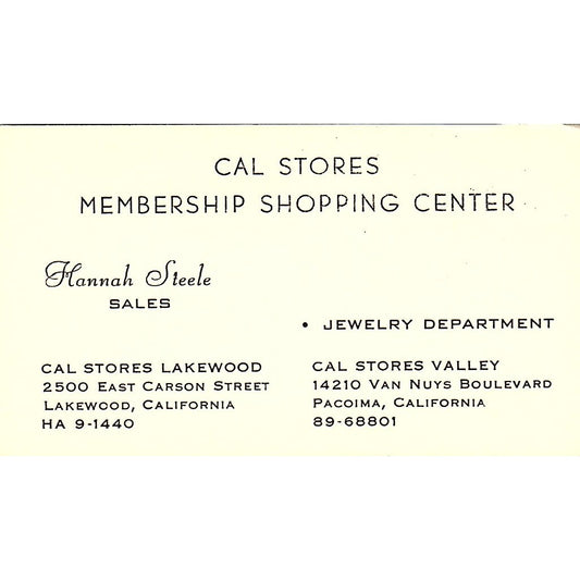 Cal Stores Membership Shopping Center Hannah Steele Pacoima Business Card SB4-B8