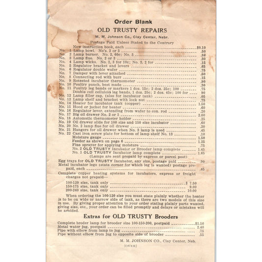 c1920 Old Trusty Repairs Order Blank M.M. Johnson Co Clay Center NE AB9