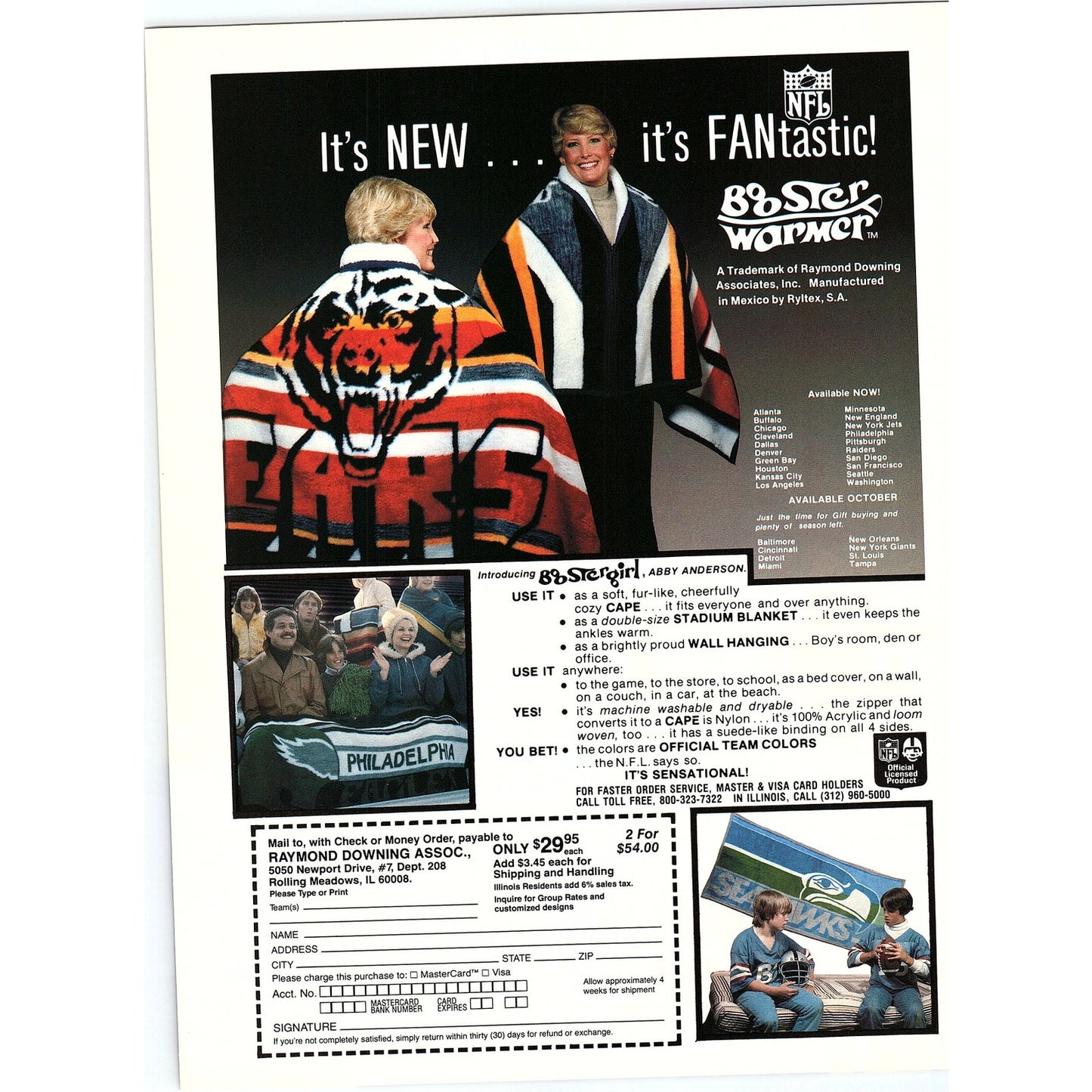 NFL Booster Warmer Stadium Blanket Abby Anderson Raymond Downing 8x11" Ad D26