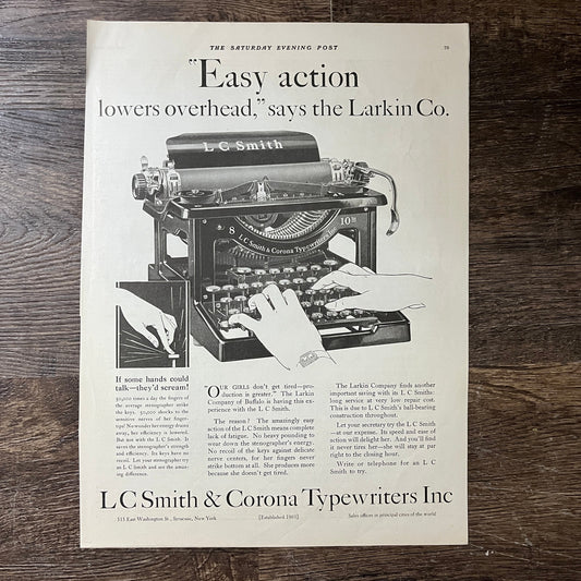 LC Smith & Corona Typewriters Easy Action Says Larkin Co Magazine Ad 10x14 V7