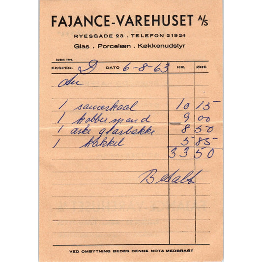 1960s Fajance-Varehuset Køkkenudstyr Aarhus Letterhead Receipt AF7-E10