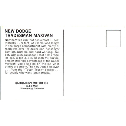 Dodge Tradesman Maxivan Barbacovi Motor Co Walsenburg CO Yellow Postcard PC12