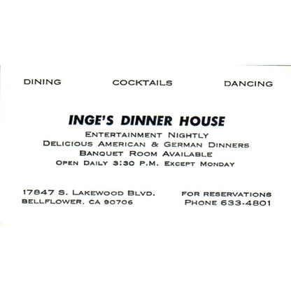 Inge's Dinner House Bellflower CA Vintage Business Card SD8-B8