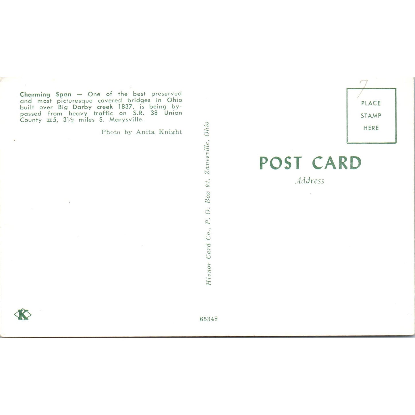 Big Ohio Creek Bridge Marysville OH Vintage Covered Bridge Postcard PD6