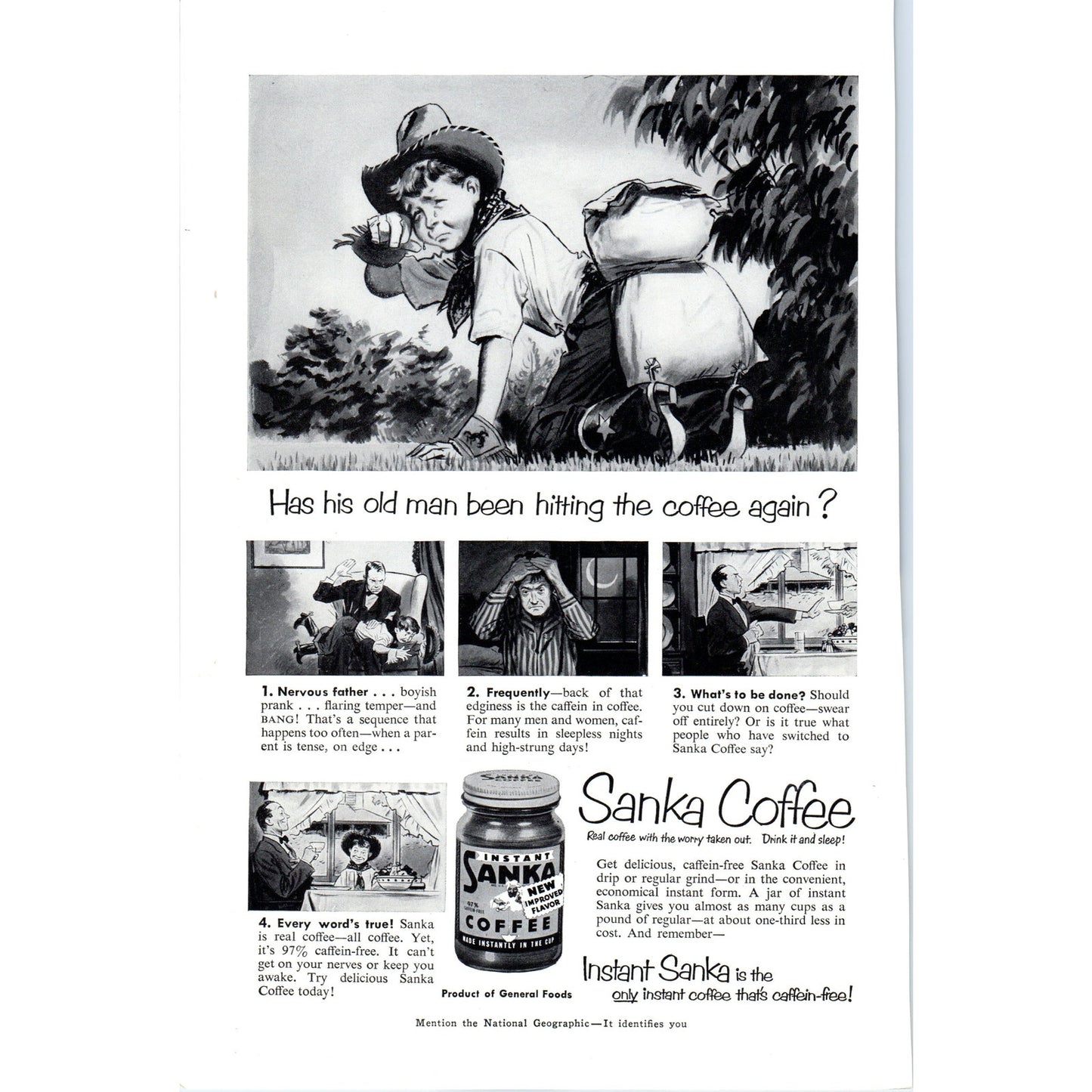 Sanka Coffee Boy Cowboy Cartoon Humor - Vintage Magazine Ad D20