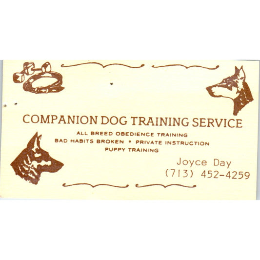 Companion Dog Training Service Joyce Day Houston Vintage Business Card SD8-B15