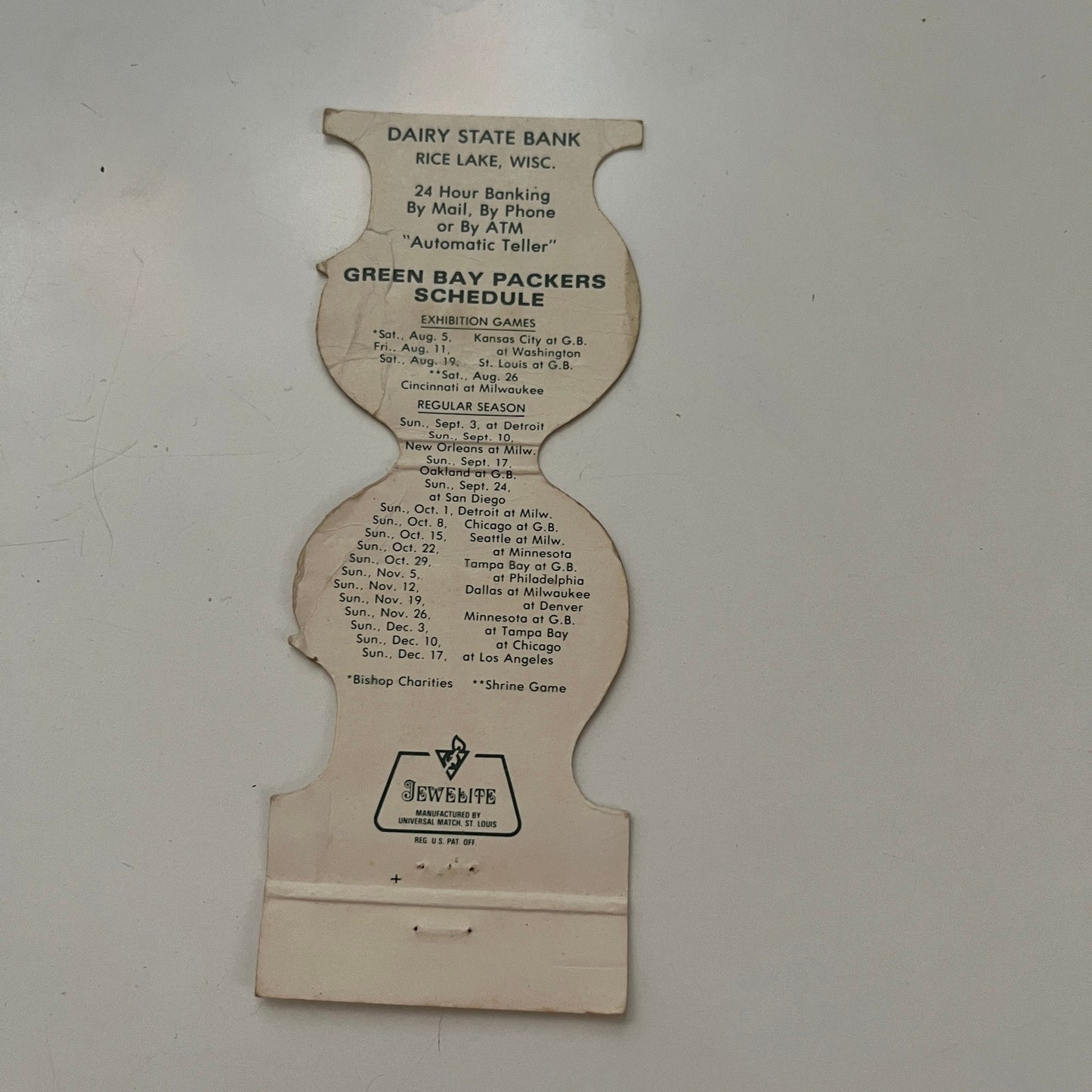 Green Bay Packers NFL Dairy State Bank Rice Lake 1978 Schedule Matchbook SC5-MB1