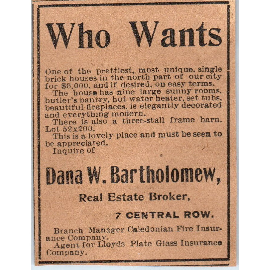 Dana W. Bartholomew Real Estate Central Row Hartford 1901 Newspaper Ad AD8-HS4