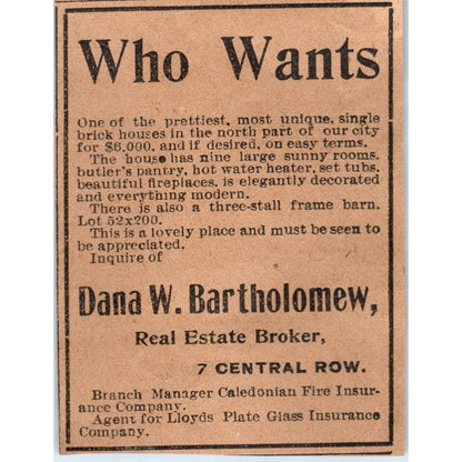 Dana W. Bartholomew Real Estate Central Row Hartford 1901 Newspaper Ad AD8-HS4