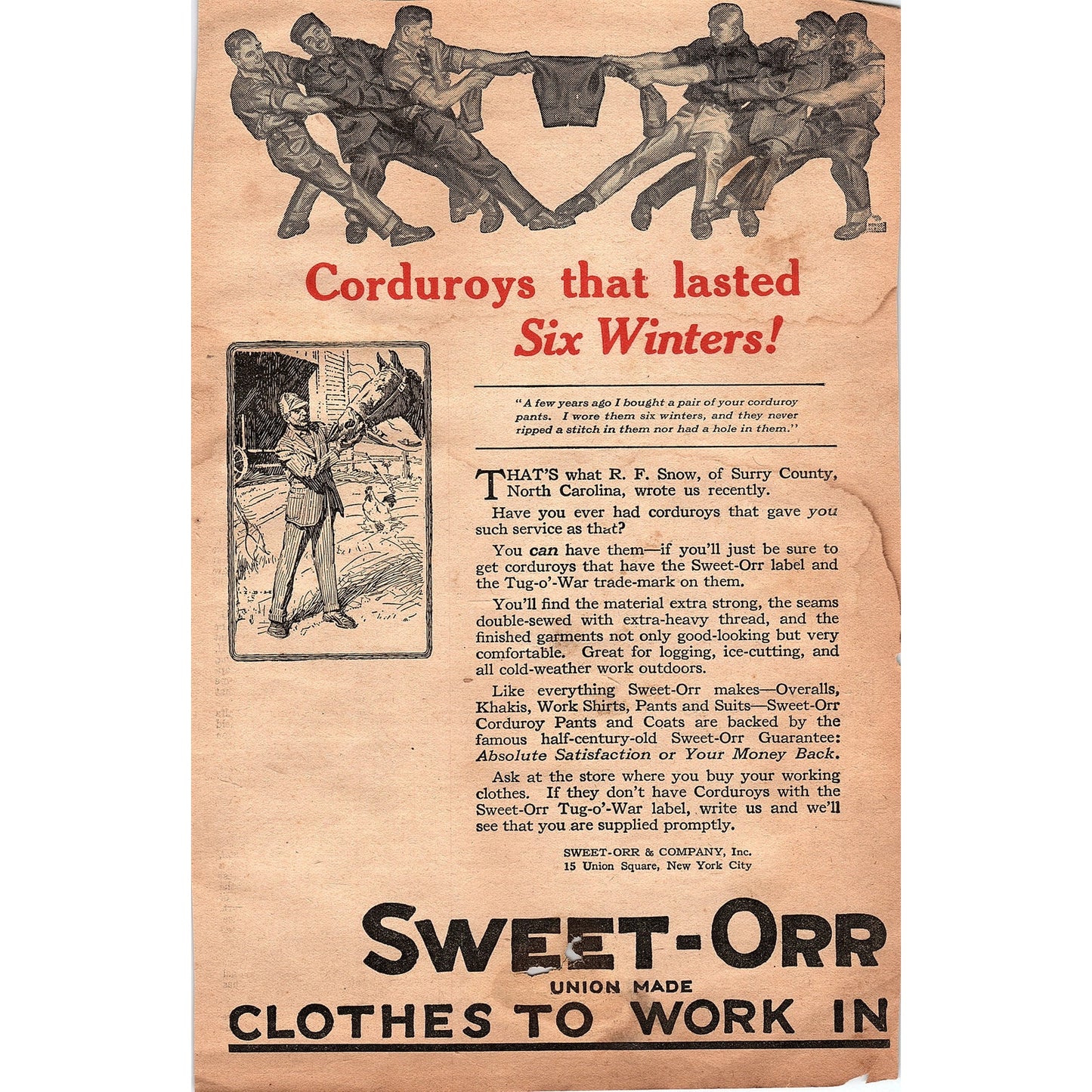 Sweet-Orr Union Made Work Clothes R.F. Snow Surrey County NC 1920 Ad V1-3