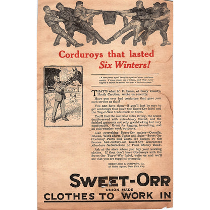 Sweet-Orr Union Made Work Clothes R.F. Snow Surrey County NC 1920 Ad V1-3