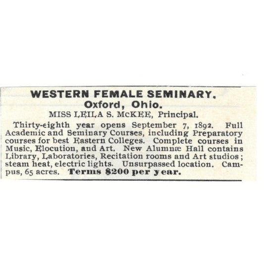 Western Female Seminary Leila S. McKee Oxford Ohio c1890 Victorian Ad AE9-CH2