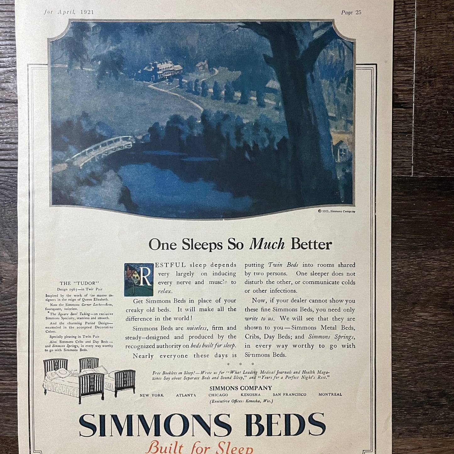 1921 Simmons Beds Built For Sleep Kenosha WI Vintage Magazine Ad 10x13 V9