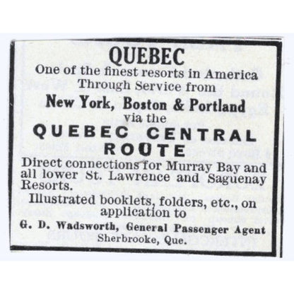Quebec Central Route RR G.D. Wadsworth Sherbrooke c1918 Advertisement AE5-SA3