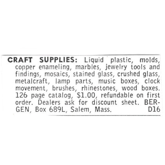 Bergen Craft Supplies Salem Massachusetts 1972 Ad AF8-S20