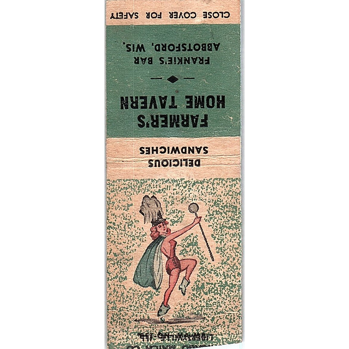 Farmers Home Tavern Frankie's Bar Abbotsford WI Vintage Matchbook Cover SF3-Y6