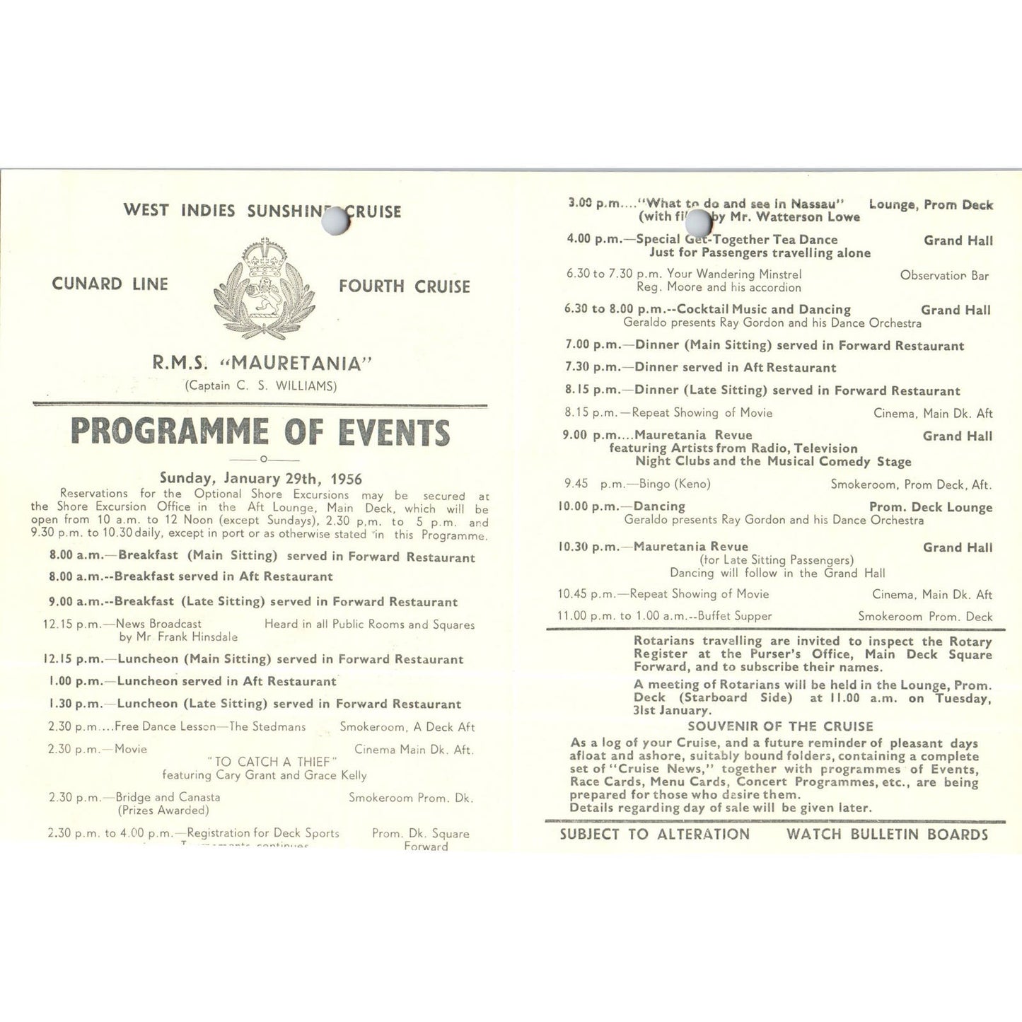 1956 Jan 29th RMS Mauretania Cunard Line Program Capt. C.S. Williams AB9