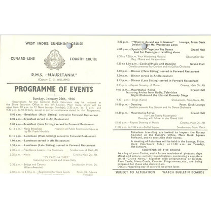 1956 Jan 29th RMS Mauretania Cunard Line Program Capt. C.S. Williams AB9