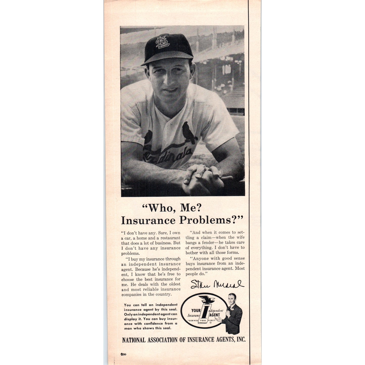 Vintage National Ins Stan Musial MLB Baseball Magazine Ad 5x13" V1-1