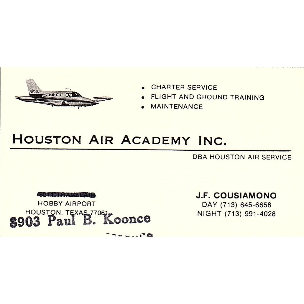 Houston Air Academy Inc J.F. Cousiamono Paul B Koonce Vtg Business Card SE3-B16