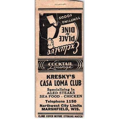 Kresky's Casa Loma Club Marshfield WI Vintage Matchbook Cover SF3-Y2