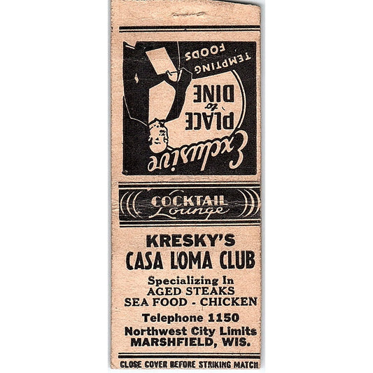 Kresky's Casa Loma Club Marshfield WI Vintage Matchbook Cover SF3-Y2