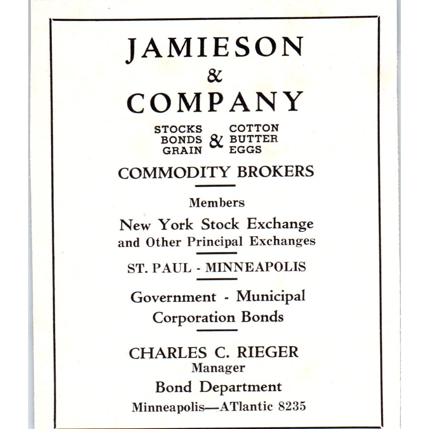 Jamieson & Company Brokers Charles C. Rieger Minneapolis 1940 Magazine Ad AF1-OM