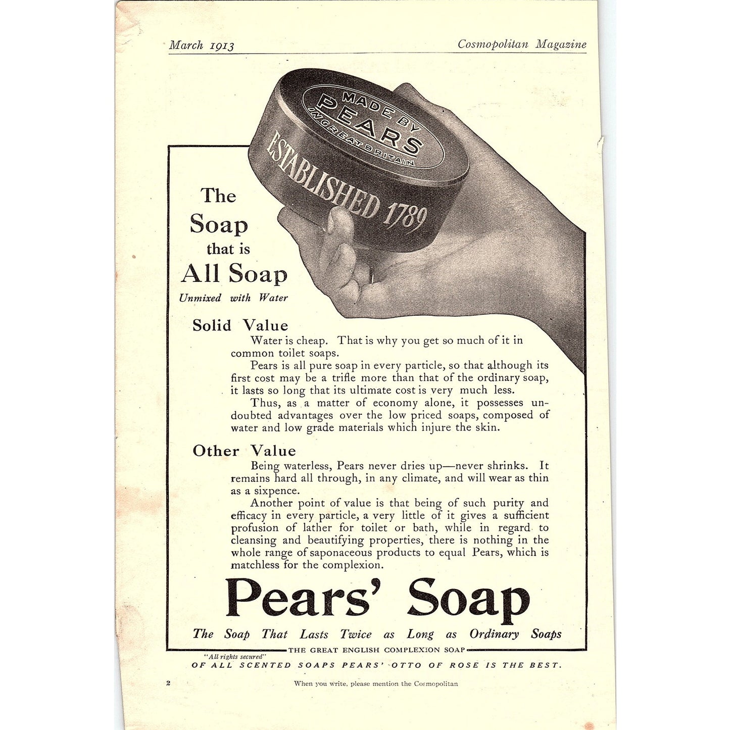 1913 Pears' Soap Antique Magazine Ad 6.5x9 V4