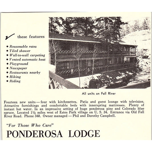 Ponderosa Lodge on Fall River Estes Park CO 1958 Ad AG1-H4