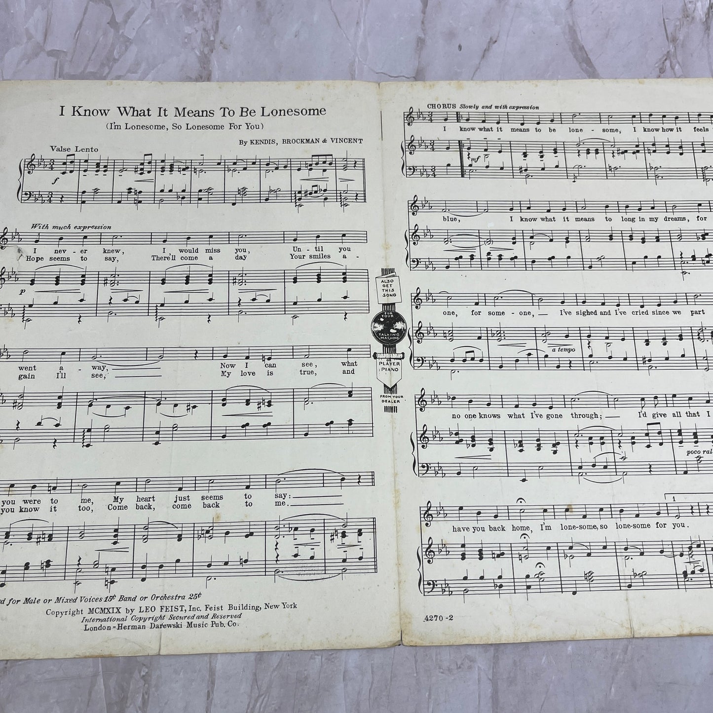 1919 I Know What It Means To Be Lonesome Kendis Brockman Antique Sheet Music Ti5