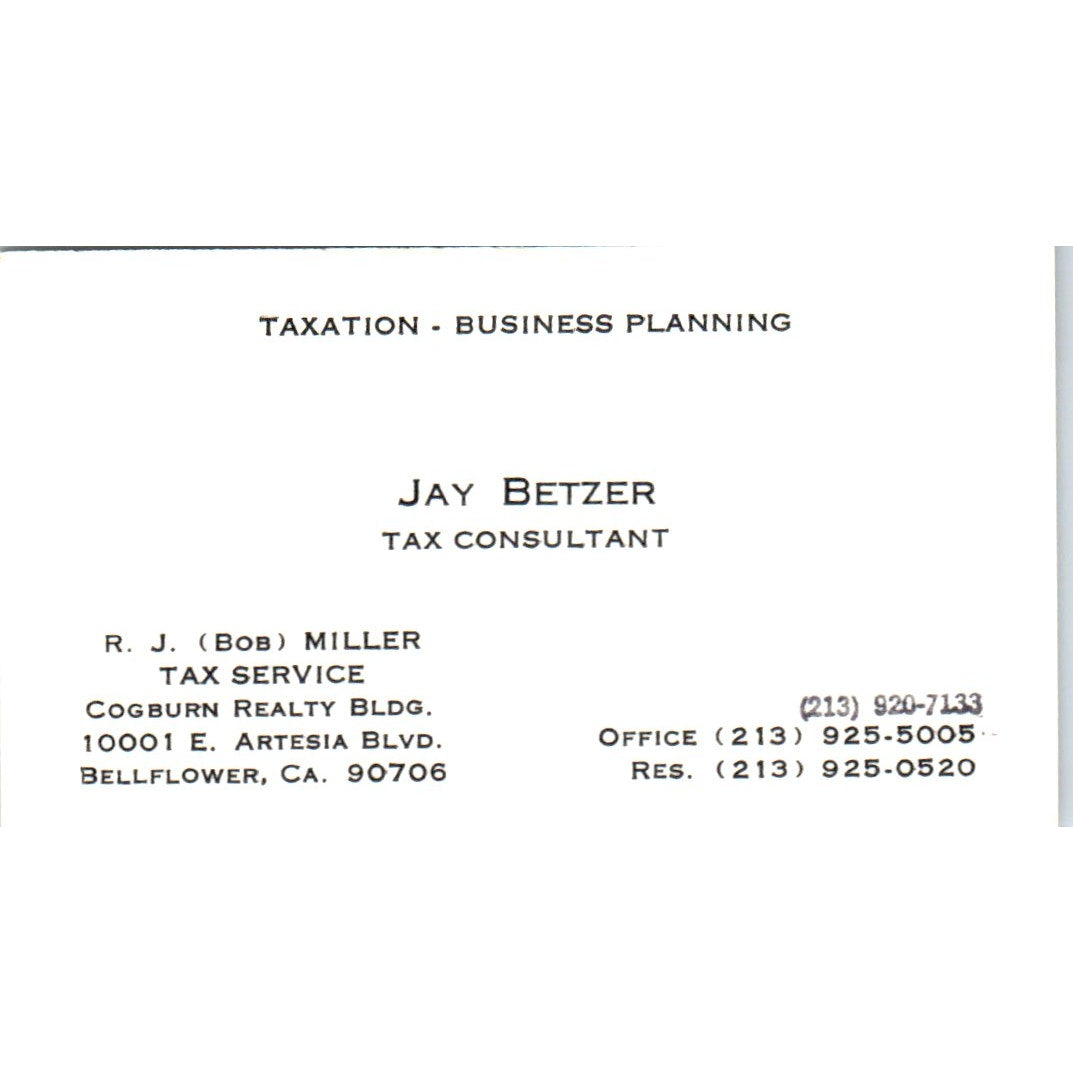 Jay Betzer Tax Service R.J Bob Miller Bellflower CA Vintage Business Card SD8-B9