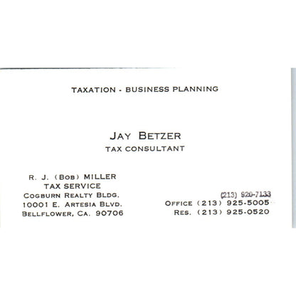 Jay Betzer Tax Service R.J Bob Miller Bellflower CA Vintage Business Card SD8-B9