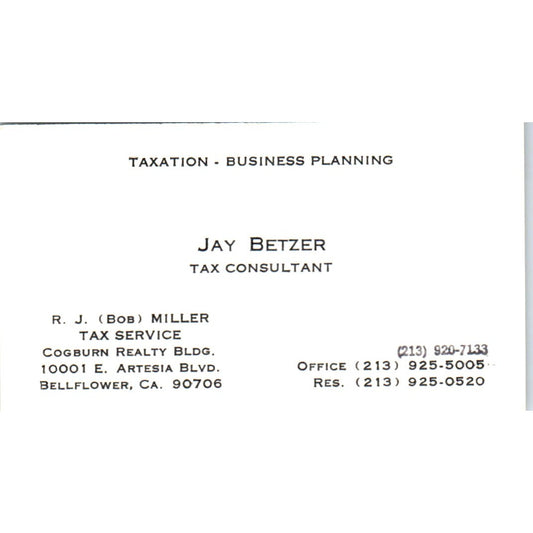 Jay Betzer Tax Service R.J Bob Miller Bellflower CA Vintage Business Card SD8-B9