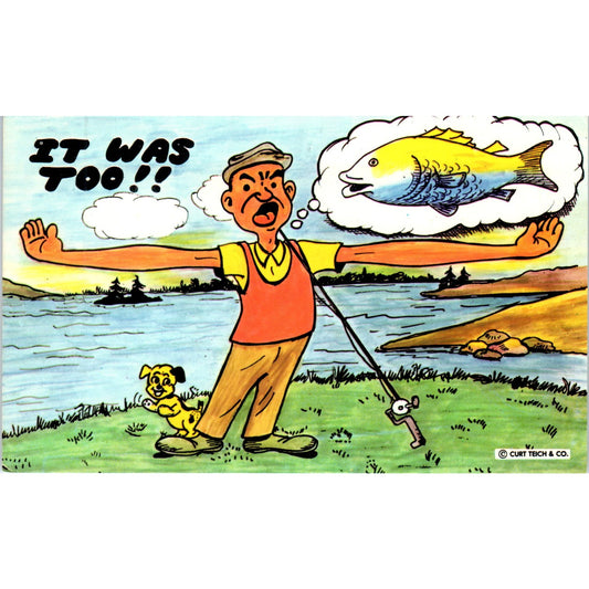 Fishing Humor Cartoon Exaggerated Fish Size Curt Teich Vintage Postcard PE2