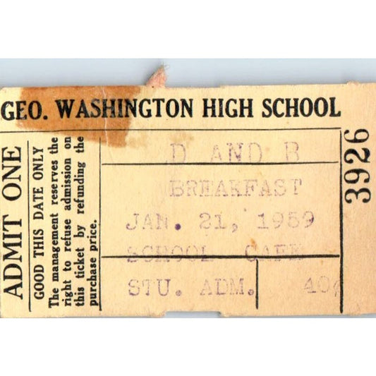 1959 Jan George Washington High School Los Angeles CA Breakfast Stub AB9