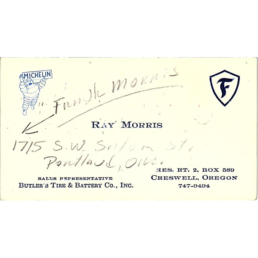 Ray Morris Butler's Tire & Battery Co Creswell OR Vintage Business Card SE3-B13