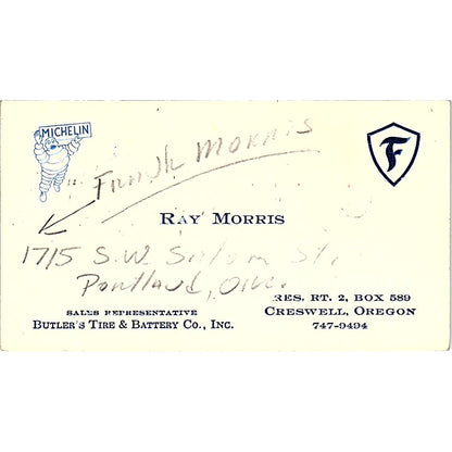 Ray Morris Butler's Tire & Battery Co Creswell OR Vintage Business Card SE3-B13