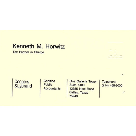 Kenneth M Horwitz Coopers & Lybrand CPA Dallas TX Vintage Business Card SD9-B1
