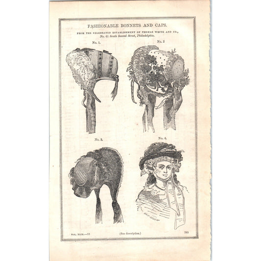 Pre-Civil War Fashionable Bonnets & Caps 1857 Original Engraving D19-5