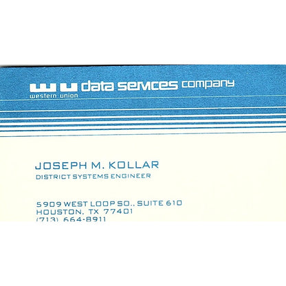 Joseph M Kollar WU Data Services Co Houston TX Vintage Business Card SD9-B2