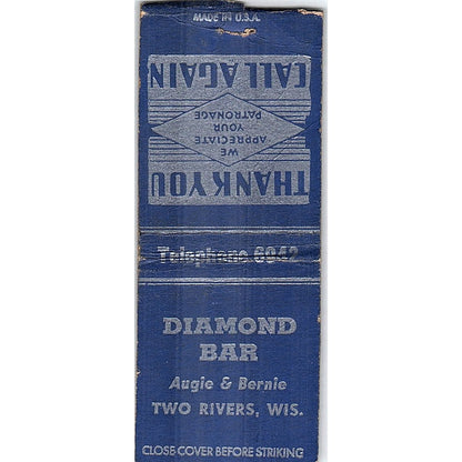 Diamond Bar Augie & Bernie Two Rivers WI Vintage Matchbook Cover SC7-Y10