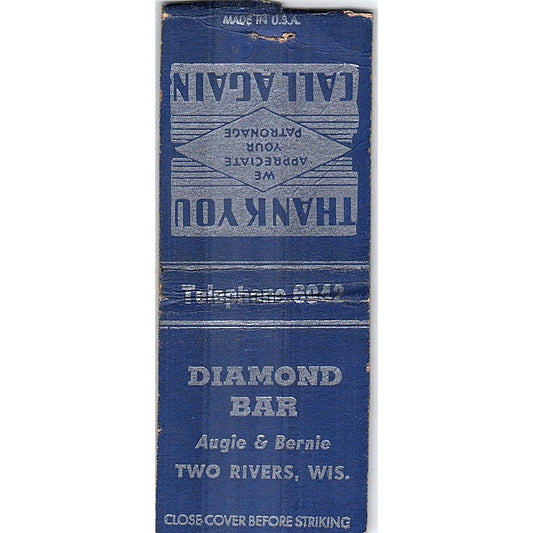 Diamond Bar Augie & Bernie Two Rivers WI Vintage Matchbook Cover SC7-Y10