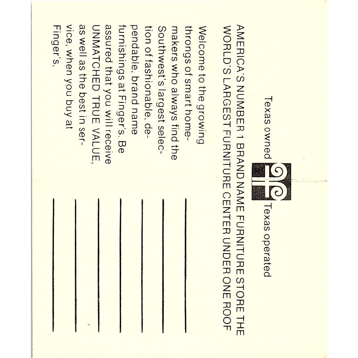 Finger's Furniture Center, Tom Slovall, Texas Vintage Business Card Sf3-B9