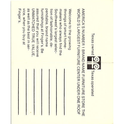 Finger's Furniture Center, Tom Slovall, Texas Vintage Business Card Sf3-B9
