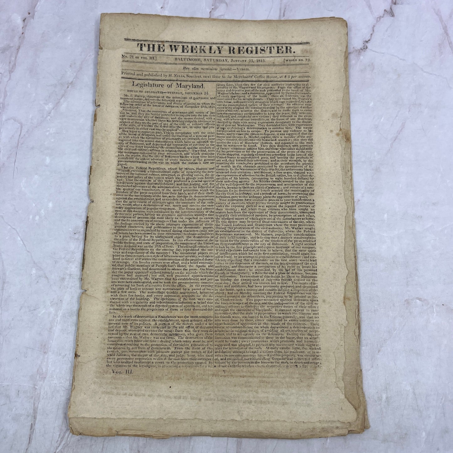 1813 Jan Baltimore Weekly Register - War of 1812 Events of the War D22