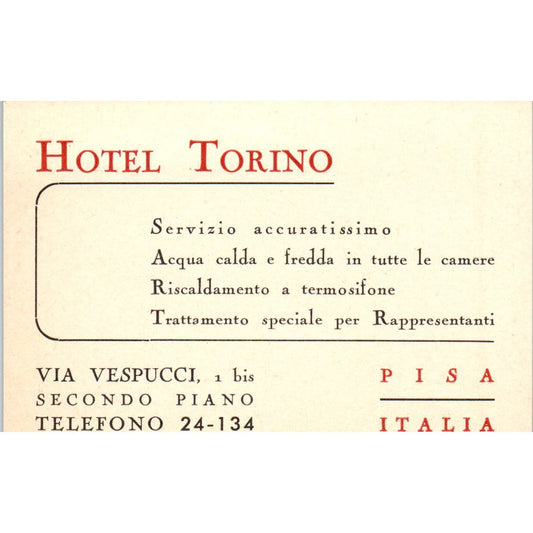 Vintage MCM Hotel Torino Pisa Italy Via Vespucci Business Card AE2