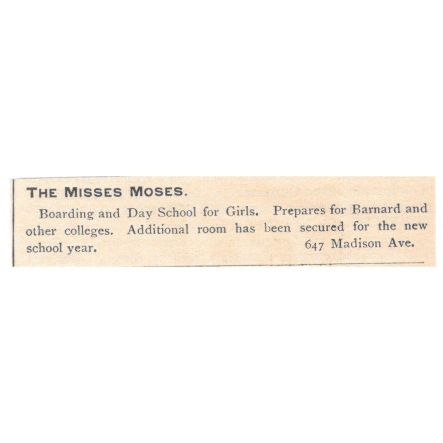 The Misses Moses Girls School Madison Ave NY 1892 Magazine Ad AB6-S5