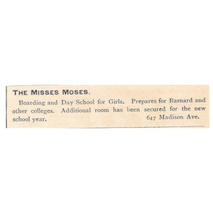 The Misses Moses Girls School Madison Ave NY 1892 Magazine Ad AK6-S5