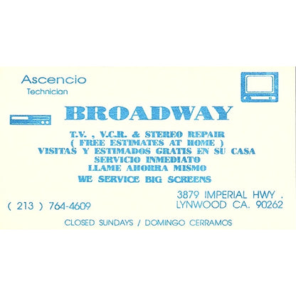 Broadway TV, VCR & Stereo Repair Lynwood CA Vintage Business Card SC9-B1