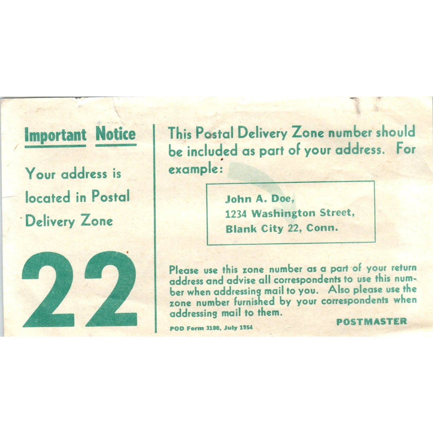 1954 USPS New Postal Delivery Zone Notification Notice AE2